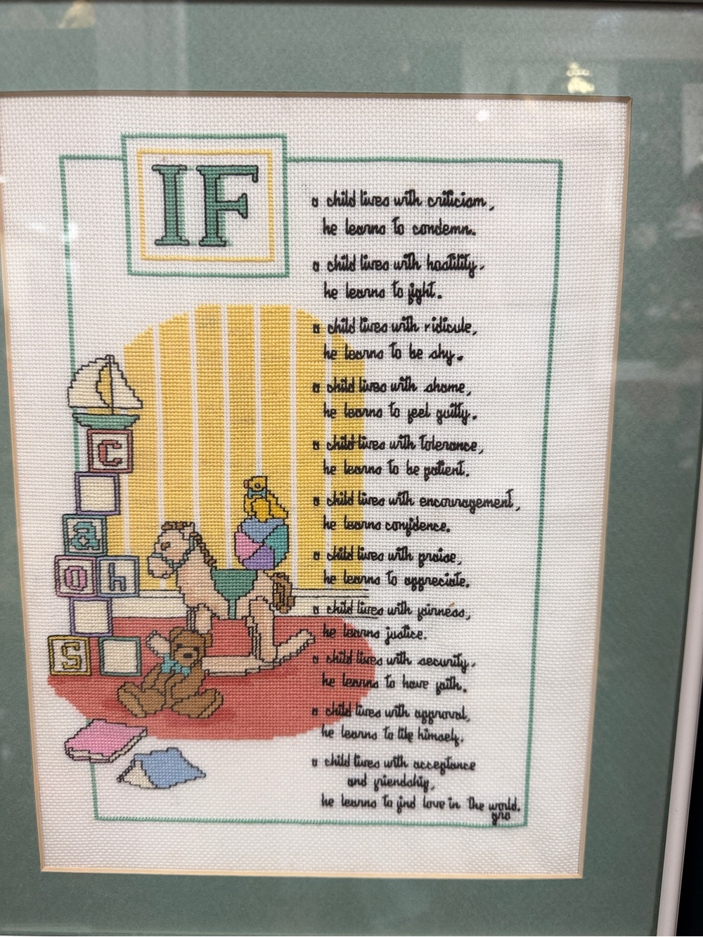 12x16 Framed Nursery Cross-Stitch Art in Green and Yellow